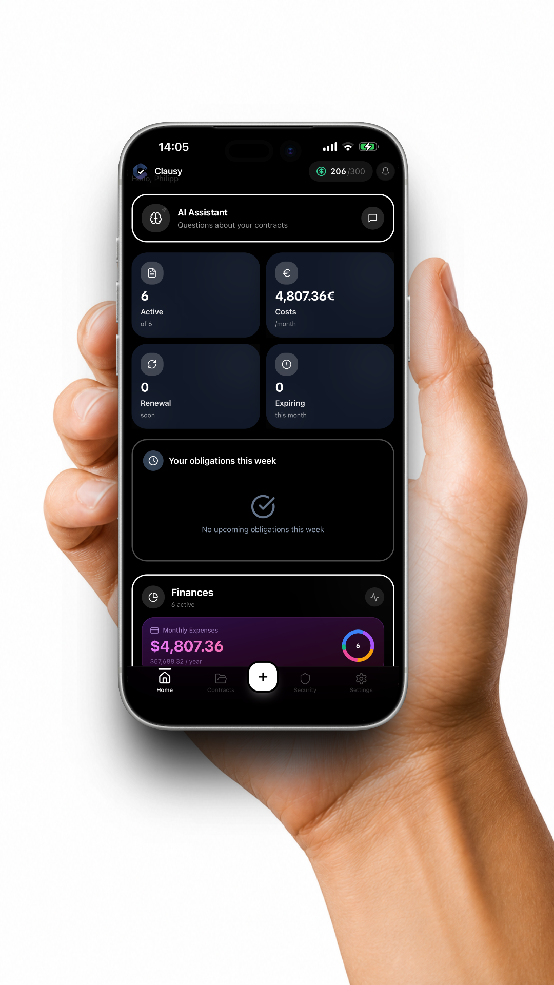 Hand holding an iPhone showing the Clausy app dashboard